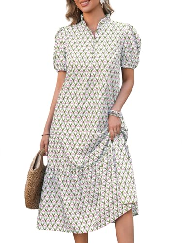 Wenrine Womens Summer Floral V Neck Puff Short Sleeve Button Maxi Dress