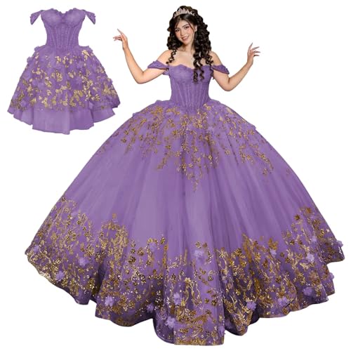 Mauuwy Dusty Purple&Gold Quinceanera Dress with Detachable Skirt Size 14 | Embroidered Off the Shoulder 15 Dresses, for Pageant ,Ball Gown with Layered Train