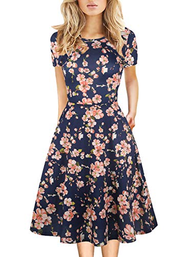 Knee Length 50s Vintage Dress for Women Floral Swing Clothes Work Casual Wedding Guest Party Flower Dresses 162 (XXL, Navy)