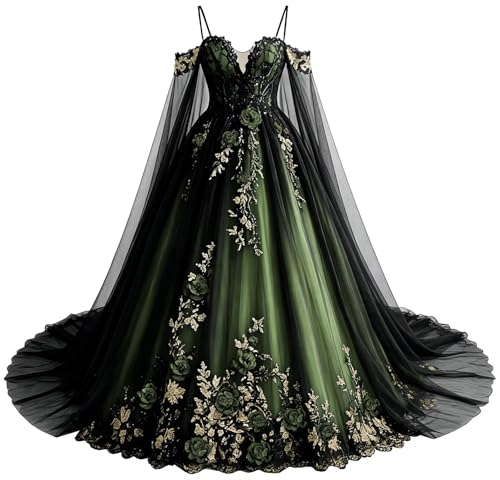 Mauuwy Gothic Wedding Dresses with Wrap Sage&Gold Bride Gown