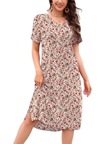 T Shirt Dress for Women Floral Soft Lightweight Casual V Neck Dress 01S L