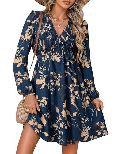 BerryGo Womens Long Sleeve Flowy Fall Wedding Guest Mini Dress with Pocket | Empire Waist, A Line V Neck Swing Babydoll, Weatern Country Casual, Holiday Party, Smocked Short Dress, Bridal Shower