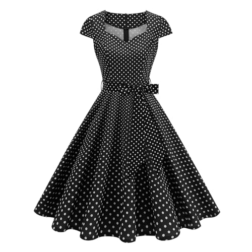 IKADEX Women's Retro Formal Cocktail Party Dresses 1950s Cap Sleeve Polka Dot Swing Dress with Belt for Wedding Church Black L