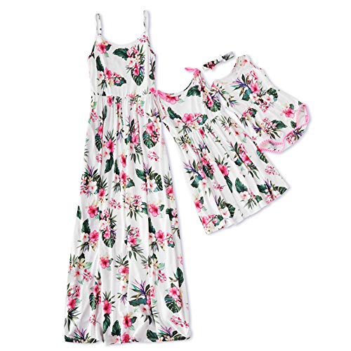 IFFEI Mommy and Me Matching Dress Spaghetti Strap Summer Casual Sundress Beach Sleeveless Dress with Headband White Womens Small