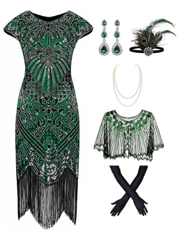 865AS - Plus Size 1920s Vintage Fringed Gatsby Sequin Beaded Tassels Hem Flapper Party Prom Cocktail Dress with Accessories Shrug Cape Shawl (Green Black Wave, 3X)