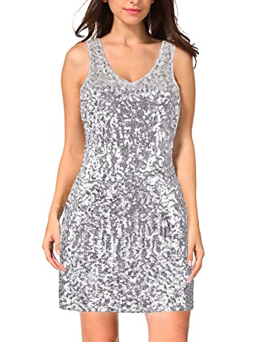 MANER Women's Sequin Dress Sparkly Glitter V-Neck Sleeveless Party Club Cocktail Tank Dress (L/US 12-14, Silver Grey)