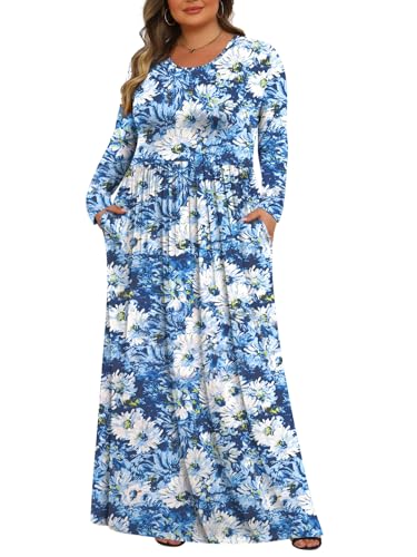 Tencede Women's Plus Size Maxi Dress Long Sleeve Casual Dress with Pockets