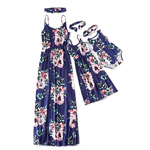 IFFEI Mommy and Me Matching Dress Spaghetti Strap Summer Casual Sundress Beach Sleeveless Dress with Headband Blue Womens X-Large