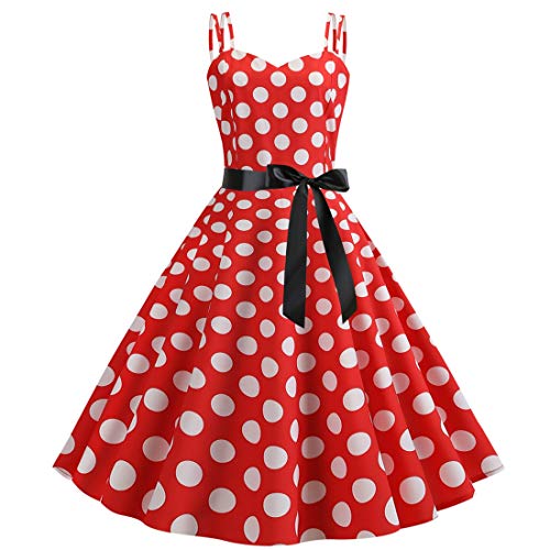 Women Vintage Polka Dot Spaghetti Strap 1950s Audrey Hepburn Rockabilly Swing Dress V Neck Retro 50's 60's Cocktail Party A-Line Wedding Evening Prom Gown Formal Dance Tea Dress with Belt Red S