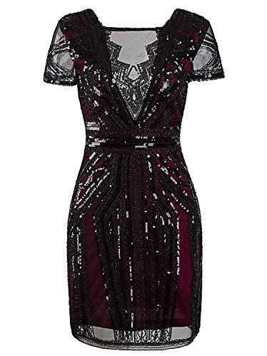 VIJIV Women 1920s Sequin Beaded Flapper Dress Art Deco Roaring 20s Dresses | 1920s Gatsby vintage flapper dress with shiny sequins, V-neck short cut for prom, cocktail, homecoming & night party