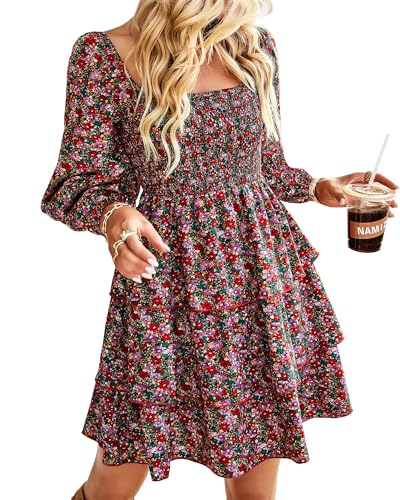 BTFBM Women's Mini Smocked Wedding Guest Dress,Floral Red Pink,S | Square Neck, Long Sleeve, Boho Cocktail Dresses, Floral, Tiered Ruffle, Graduation, Going Out, Travel Outfits, Fall Fashion