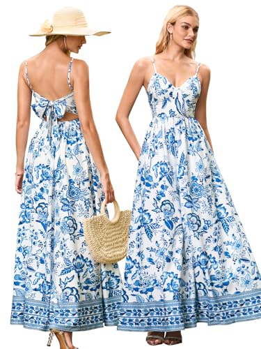 HTZMO Women Summer Floral Maxi Sundress Boho Beach Long Dress Blue Print