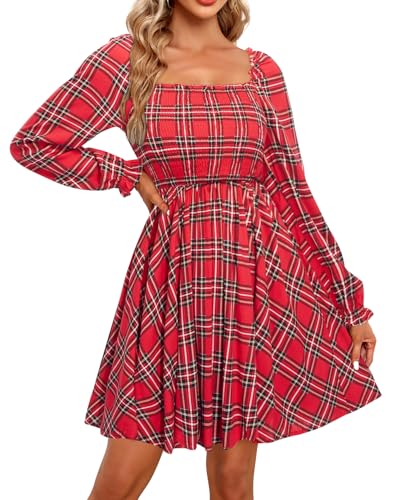 Holipick Christmas Dress Red Black Plaid Holiday Xmas Party Short Dress