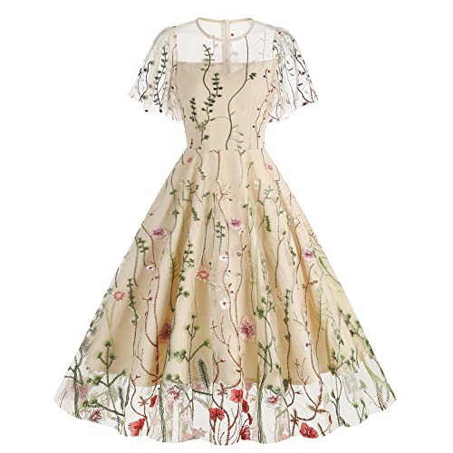 Summer Floral Embroidery Dress for Women Flutter Sleeve Flower Embroidered Tulle Prom Dress Mesh Sheer Illusion Sweetheart Formal Evening Dress Vintage Cocktail Party Dress Apricot-Ruffle Sleeve M