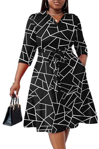 FANDEE Plus Size Midi Dress for Women - Printing Summer Dresses for Wedding Guest Cocktail Party 3/4 Sleeve V Neck Black Geo Print 2XL