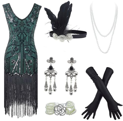 20s Flapper Gatsby Sequin Beaded Evening Cocktail Dress with Accessories Set (Medium, Style02-Black&Green)