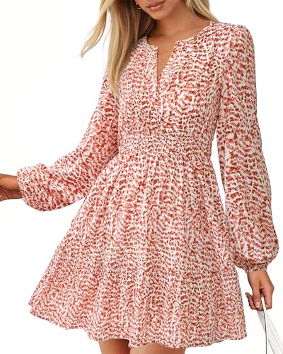 BTFBM Fall Dresses for Women 2026 Trendy Floral Long Sleeve Mini Dress | V Neck Elastic High Waist Knee Length A Line Flowy, Casual Dress Pockets, Holiday Party Vacation Cocktail Wedding Guest Dress
