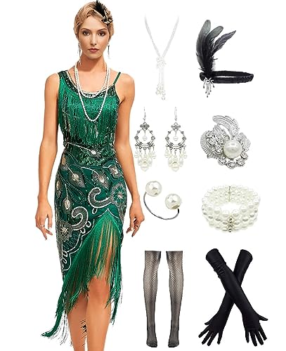 YENMILL Peacock-inspired 1920s Gatsby Beaded Flapper Sling Dress Womens Vintage Cocktail Dress W/Complete Accessories Set (Green, X-Large)