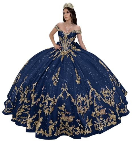 Mauuwy Navy Quinceanera Dresses with Bow V Neck Gold Applique | Lace Beads Ball Gown ,Off Shoulder Sweet 16 Dress with Train Size 10