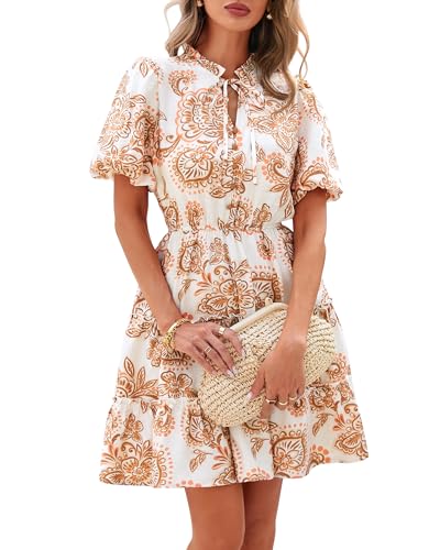 BTFBM Women Summer Floral Short Dresses V Neck Short Sleeve Tiered Ruffle Boho Swing Dress A-Line Mini Dresses(White Apricot Floral,Medium)