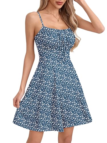 Missufe Women's Summer Floral Mini Dress Spaghetti Strap Sleeveless Tie Front A-Line Casual Beach Sundress (Peacock Blue, X-Large)