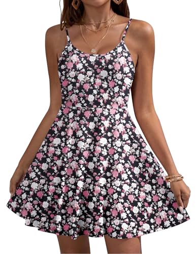 HOTOUCH Women's Summer Spaghetti Strap Sleeveless Round Neck A Line Swing Mini Floral Dress