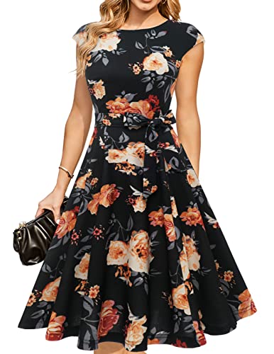 Cocktail Women Formal Wedding Guest Floral Dress Black Yellow Flower L
