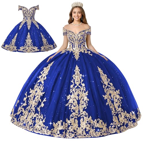 XYAYE Crystal Quinceanera Dress Gold Lace Tulle 16 Dress Royal Blue Size 6