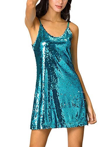 Allegra K Women's Glitter Sequin Dress V Neck Spaghetti Strap Halloween Mini Party Dress Clubwear X-Large Teal Blue