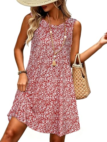 Women's Summer Dresses Sleeveless Floral Sundress, Red Floral, XL