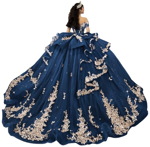 PFTFB Princess Off Shoulder Tulle Quinceanera Dresses with Train Navy Blue