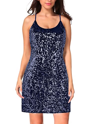 MANER Women's Glitter Sequin Dress Adjustable Spaghetti Strap Sparkle Party Dresses (Dark Blue, Large)