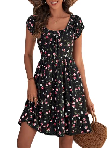 HUHOT Black Womens Summer Dresses Cocktail for Wedding Guest Sun Dress with Pockets Ladies Resort Wear Women Graduation Mini Casual Boho Spring Cute Milkmaid Petite Short