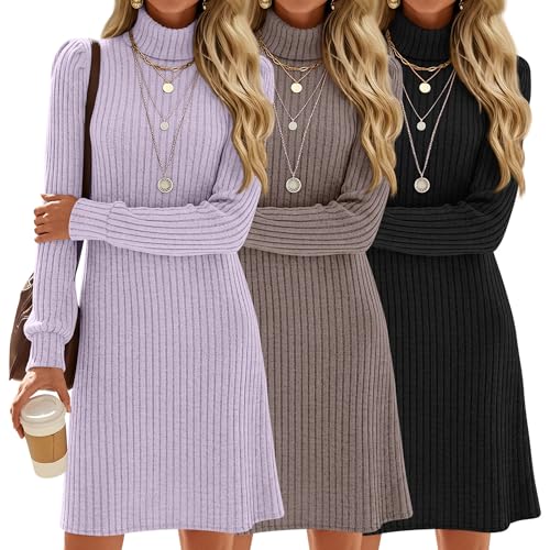 Sweetyweee 3 Pack Sweater Dress for Women Turtleneck Fall 2026 3Color S | Long Sleeve Knit Tunic Dresses, Ribbed Winter Casual Bodycon, Trendy Clothes for Photoshoot, Office, Wedding, Travel Outfits