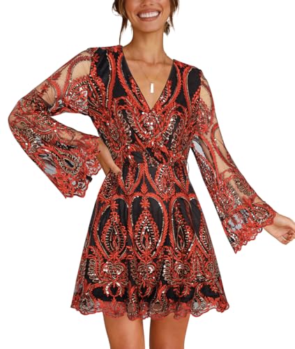 Womens Holiday Dresses Long Sleeve Deep V Neck Embroidered Sequin Skater Dress Red L