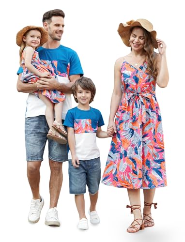 PATPAT Family Matching Outfits Mom and Daughter Matching Outfits Tropical Floral Palm Leaf Print Spaghetti Strap Mommy and Me Hawaiian Dress Boho Beach Leaf Print Hawaiian Dresses for Women M