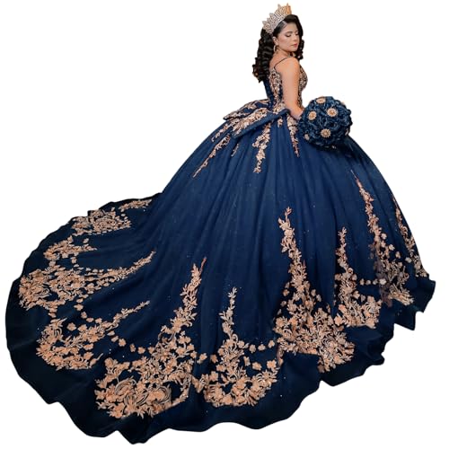 Mauuwy V Neck Navy Quinceanera Dresses Ball Gown Sparkly Beading Tulle