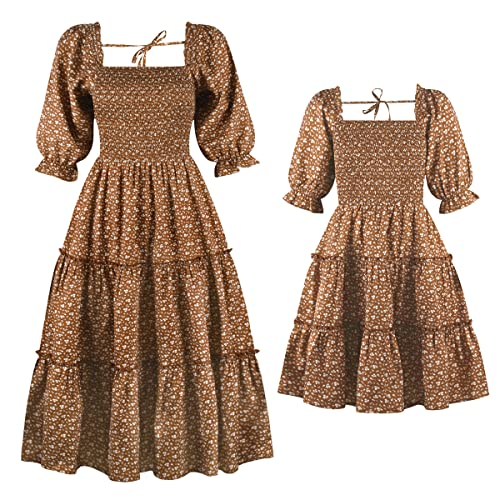 Mommy and Me Matching Dresses Floral Printed Ruffled Short Lantern Sleeves A-Line Long Dress Hidden Back Zipper Closure Summer Mom Daughter Matching Outfits Brown Floral 9-10 Years