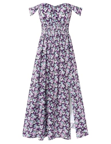 GRACE KARIN Summer Floral Dress for Women 2026,Off the Shoulder Smocked Bridesmaid Dresses,Formal Baby Shower Maxi Dresses Purple Flower XXL
