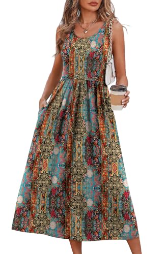WIHOLL Womens Summer Dresses Midi Dresses for Women Boho Vacation Sleeveless Flowy Casual Spring Dress Hawaiian Beach Long Dress Sundresses for Women Teal Boho Floral Print M