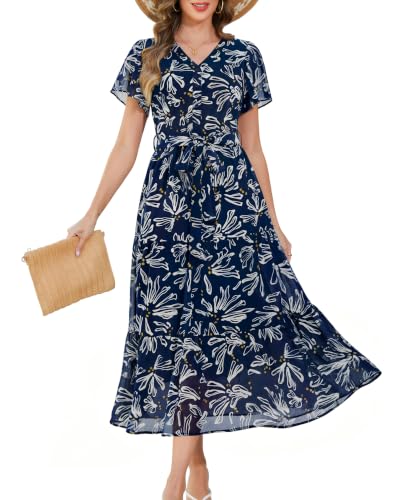 Annebouti Maxi Spring Summer Dresses for Women 2026 Short Sleeve Semi Formal Vintage Trendy Flowy Elegant Classy Wedding Guest Boho Chiffon Pastel Long Dress Navy Pattern S