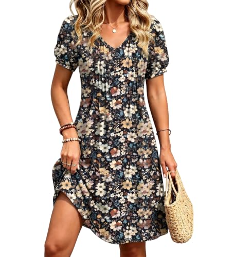 Bluetime Dresses for Women Casual Summer Sundresses Pleated V Neck Short Sleeve A Line Flowy Boho Dress Beach Vacation Black Floral