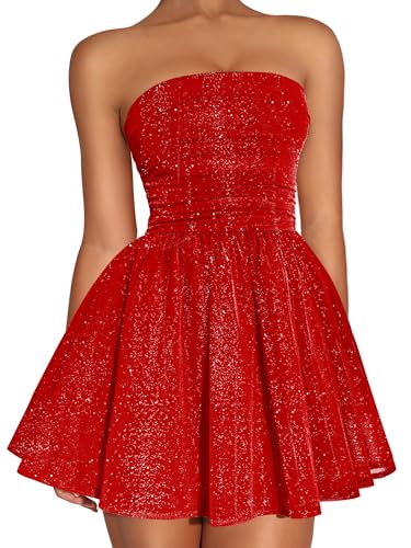 DAAWENXI Women's Sexy Strapless Mini Dress Sequin Ruched Bow Graduation Party Prom Short Dresses Red