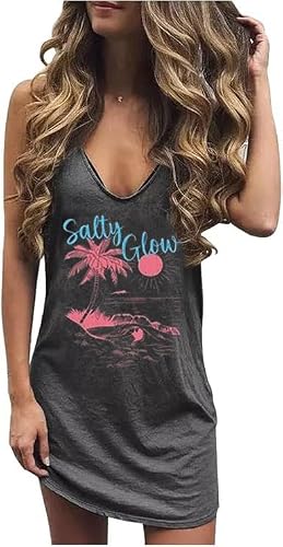 Live Simple Coconut Tree Sleeveless Dress Sunshine Sand Beach Women's Summer Casual V Neck Mini Dress(Small,Dark Grey-14)