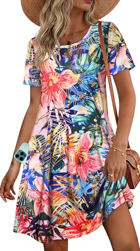 elescat Spring Dress for Women Sundress Beach Tshirt Short Sleeve Flowy with Pockets Coverup(Pink Floral, M)