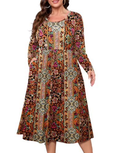 BELAROI Plus Size Maxi Dresses for Curvy Women Long Sleeve Dress Scoop Neck Fall Winter Outfits Midi (Flower127, 5X)