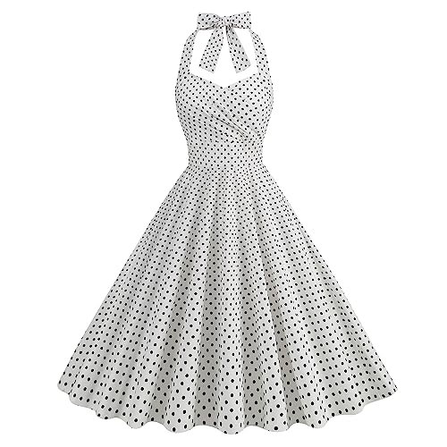 Women Short 1950s Retro Vintage Cocktail Party Swing Dresses Halter 50s Polka Dots Rockabilly Pin up Dress 1940s 1960s Flare A line Audrey Hepburn Style Prom Gowns White-Ruched XL