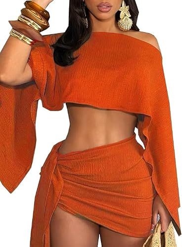 JYAOVO Women's 2 Piece Outfits Batwing Off Shoulder Irregular Crop Top and Mini Skirt Set Sexy Matching Sets Orange Size M