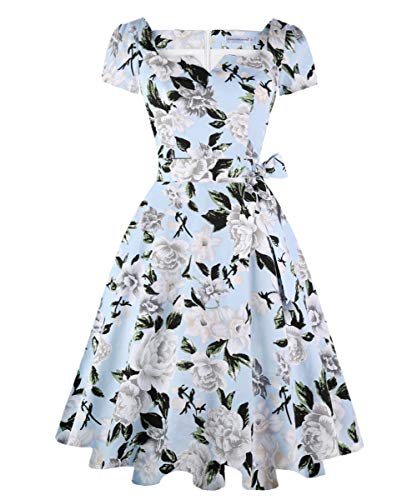 Girstunm Women's Classic Tea Dress Short Sleeve Swing Cocktail Party Dresses with Pockets Blue-White-Flower S