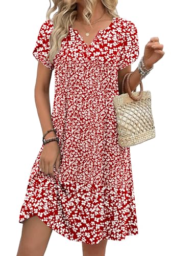 Zeagoo Women's Casual Dresses with Pockets Summer Floral V-Neck A-Line Tshirt Dress Short Sleeve Mini Dress Beach Sundress